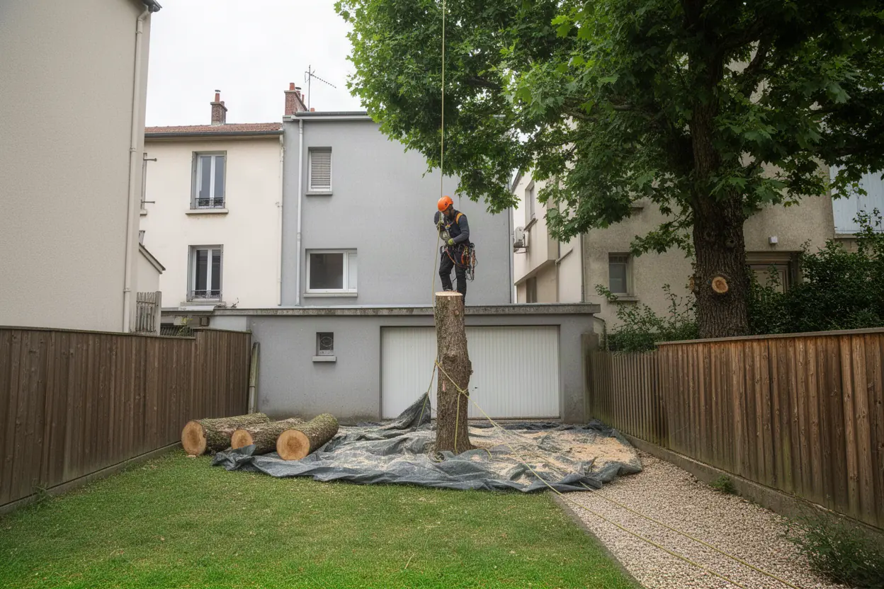 Abattage contrôlé d'un arbre près d'une maison à Bron