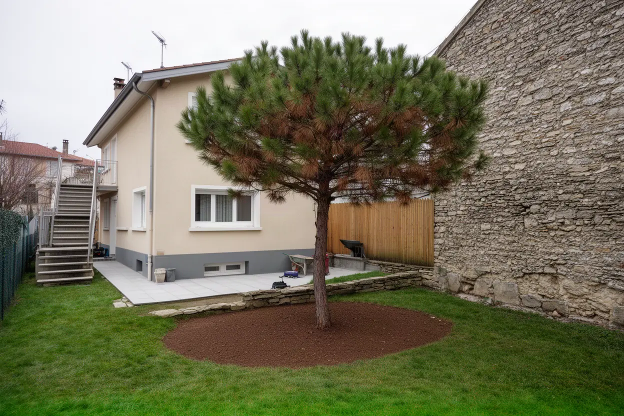 Pin incliné près d'un mur avant abattage à Caluire