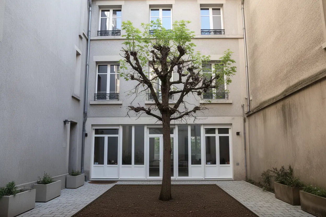 Arbre dépérissant avant démontage dans une cour à Lyon