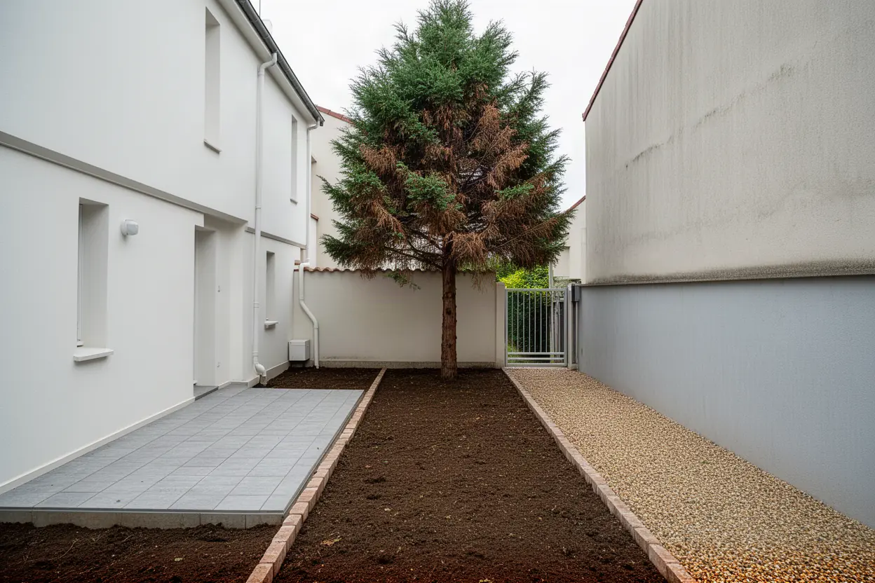 Conifère desséché avant démontage dans un jardin à Vénissieux