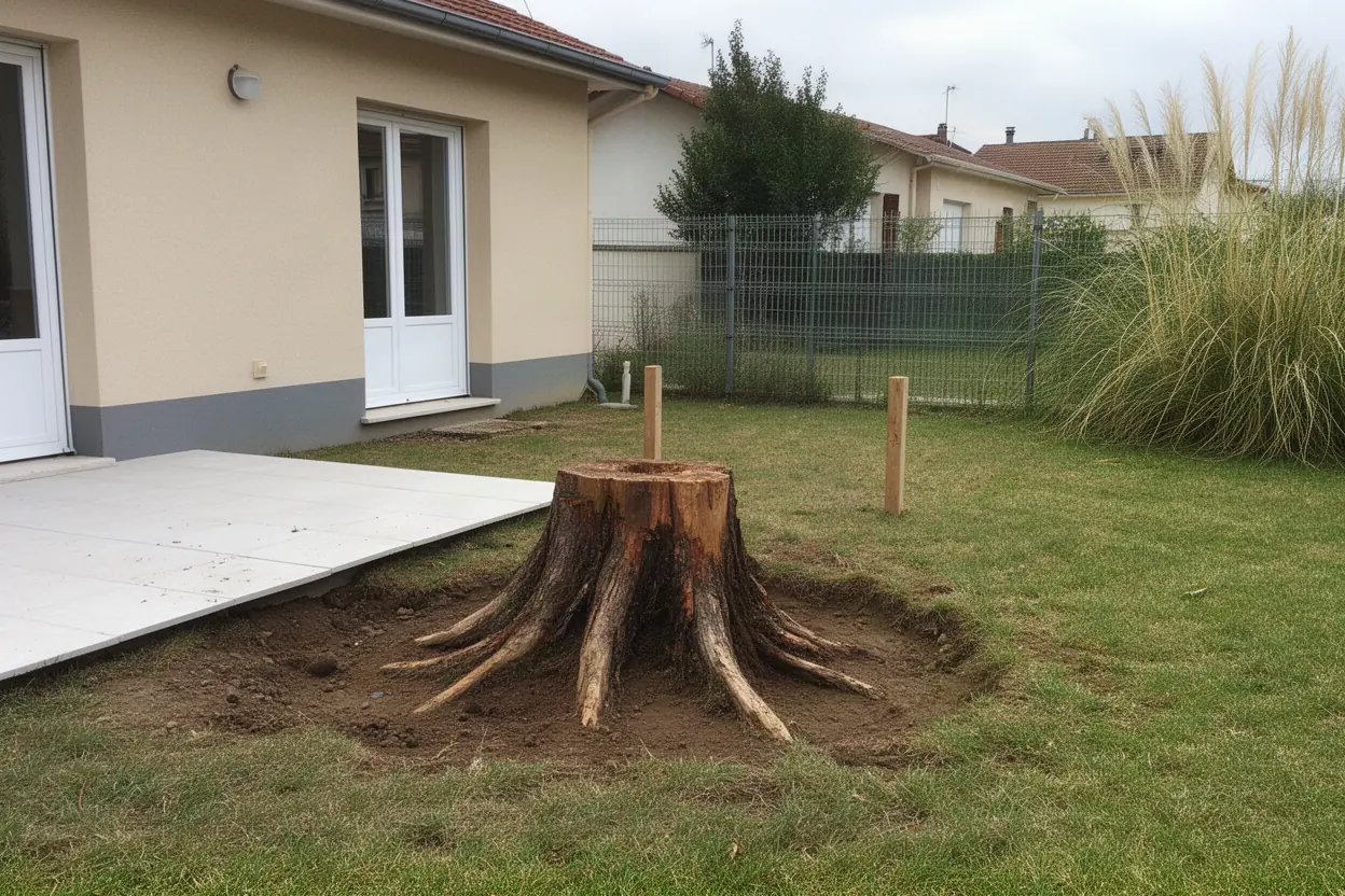 Souche de conifère avant travaux à Décines-Charpieu