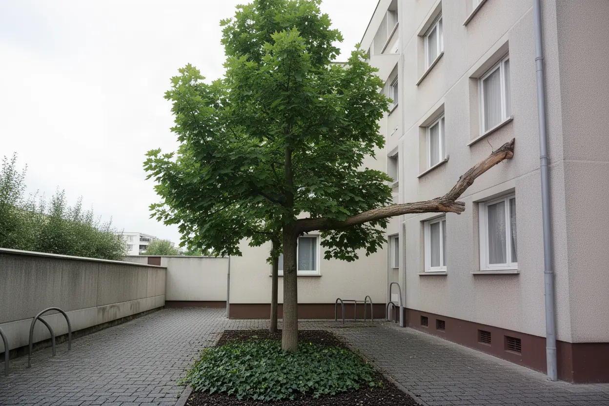 Érable dense avant élagage dans une cour de Vénissieux
