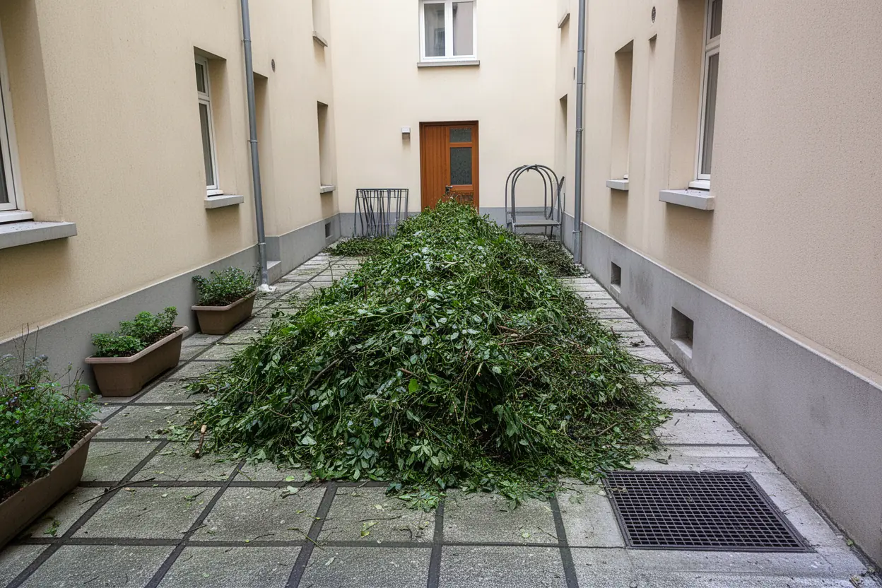 Cour lyonnaise encombrée de branches avant ramassage