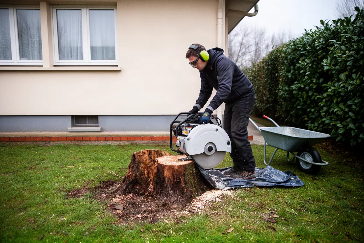 Rogneuse retirant une souche dans un jardin de Bron