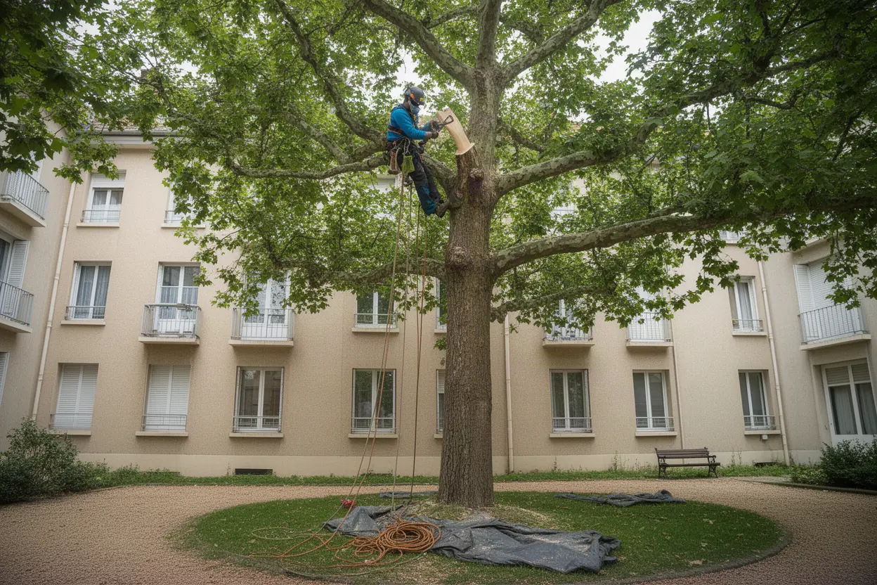 Élagueur réalisant une taille douce dans un jardin à Bron
