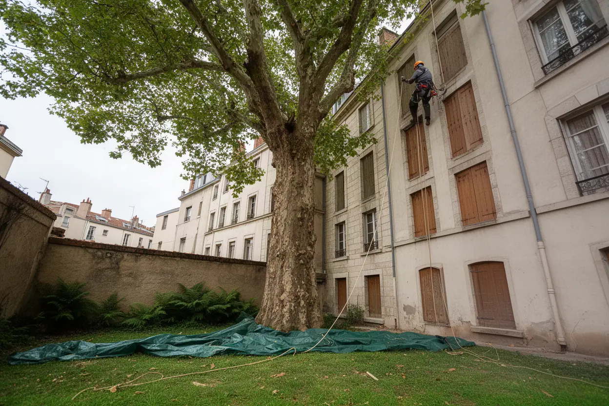 Élagueur grimpeur progressant dans un grand arbre à Bron